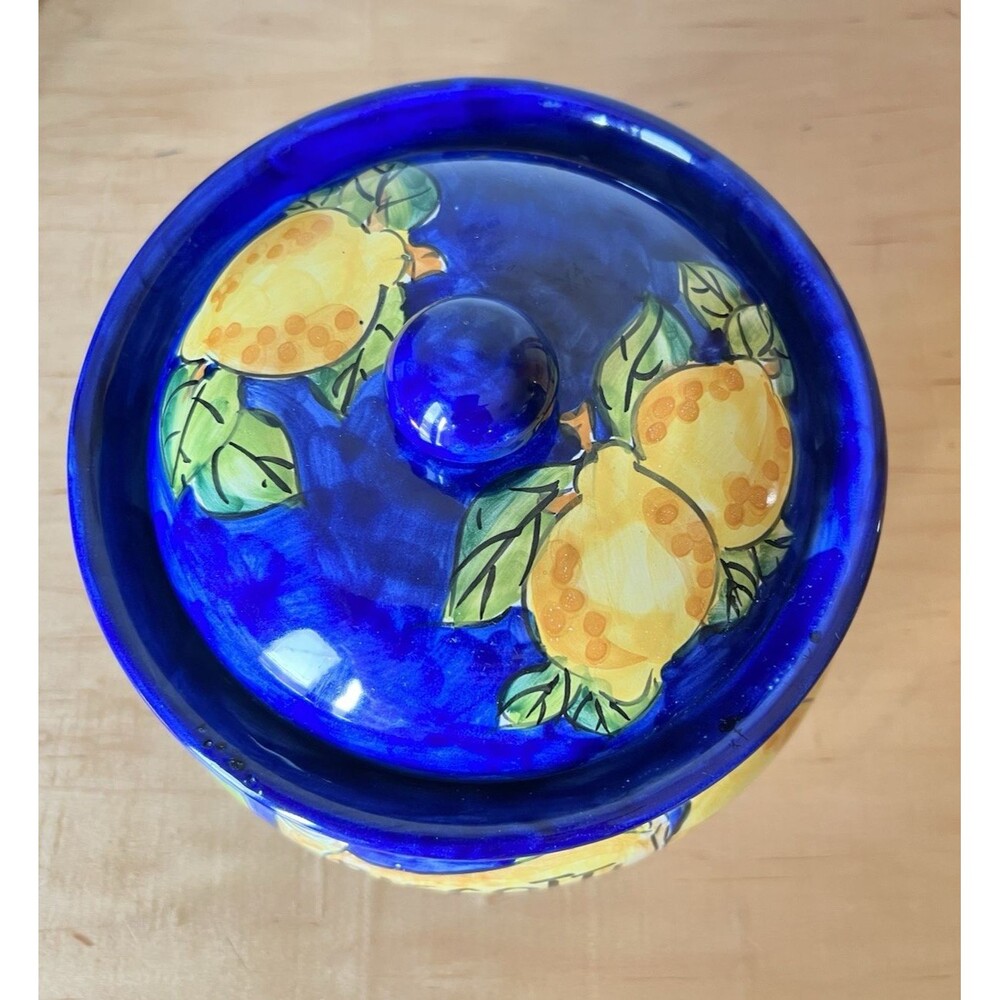 Vintage Ceramic Italian Hand-painted Biscotti Jar Blue & Yellow Lemons Cookie - Picture 3 of 7